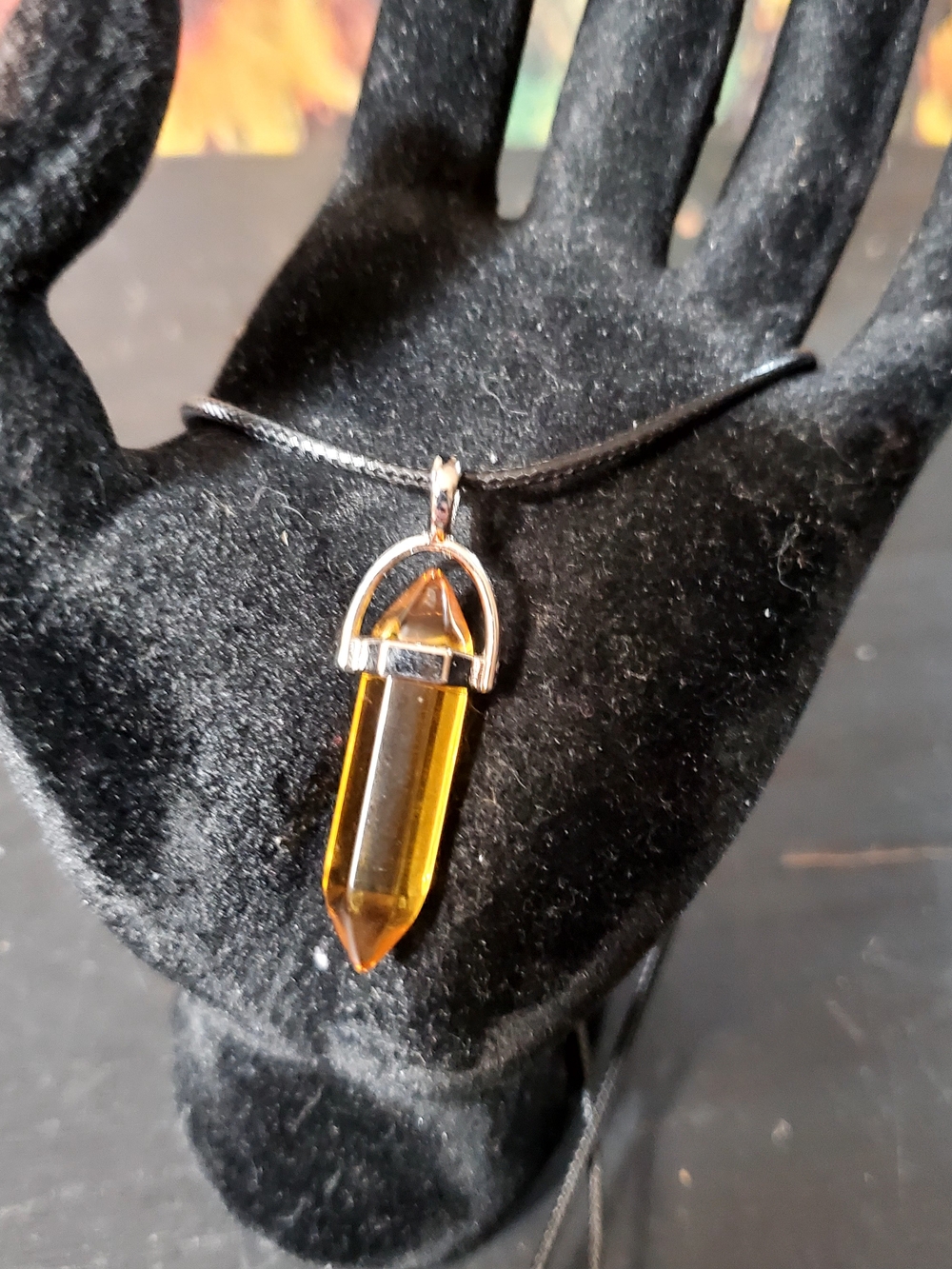 Amber Colored Glass Point Pendant Necklace - Yellow Gem Accent